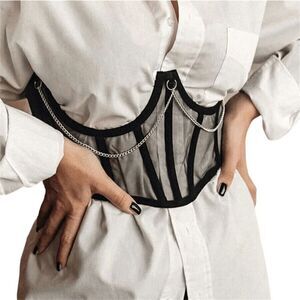 🖤 Sexy Black Mesh Splice Chain Detail Waist Cincher Corset with Steel Bones NEW